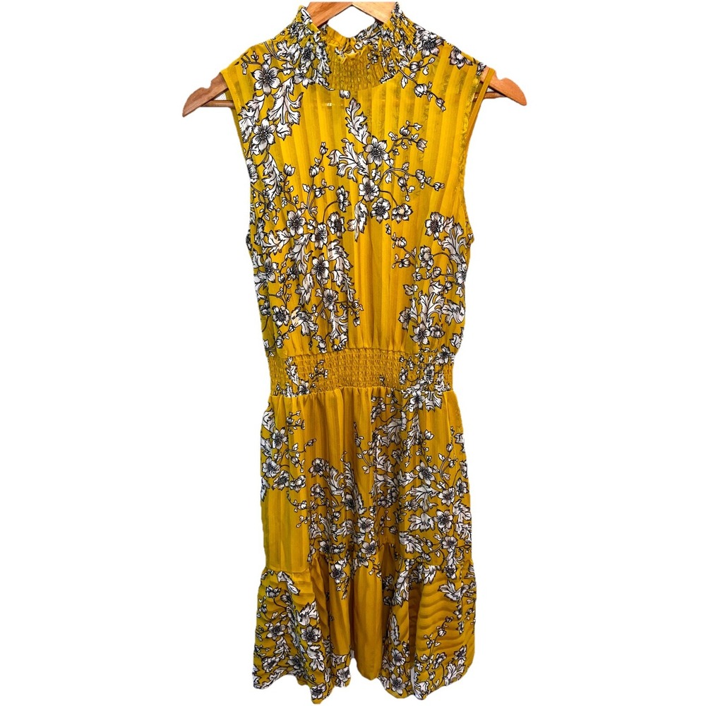 Nanette Lepore Floral Yellow Sleeveless‎ Mock Neck Pleated Fit & Flare Dress 6